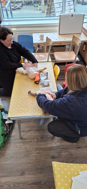The trainer demonstrating infant first aid on a manikin while a delegate watches